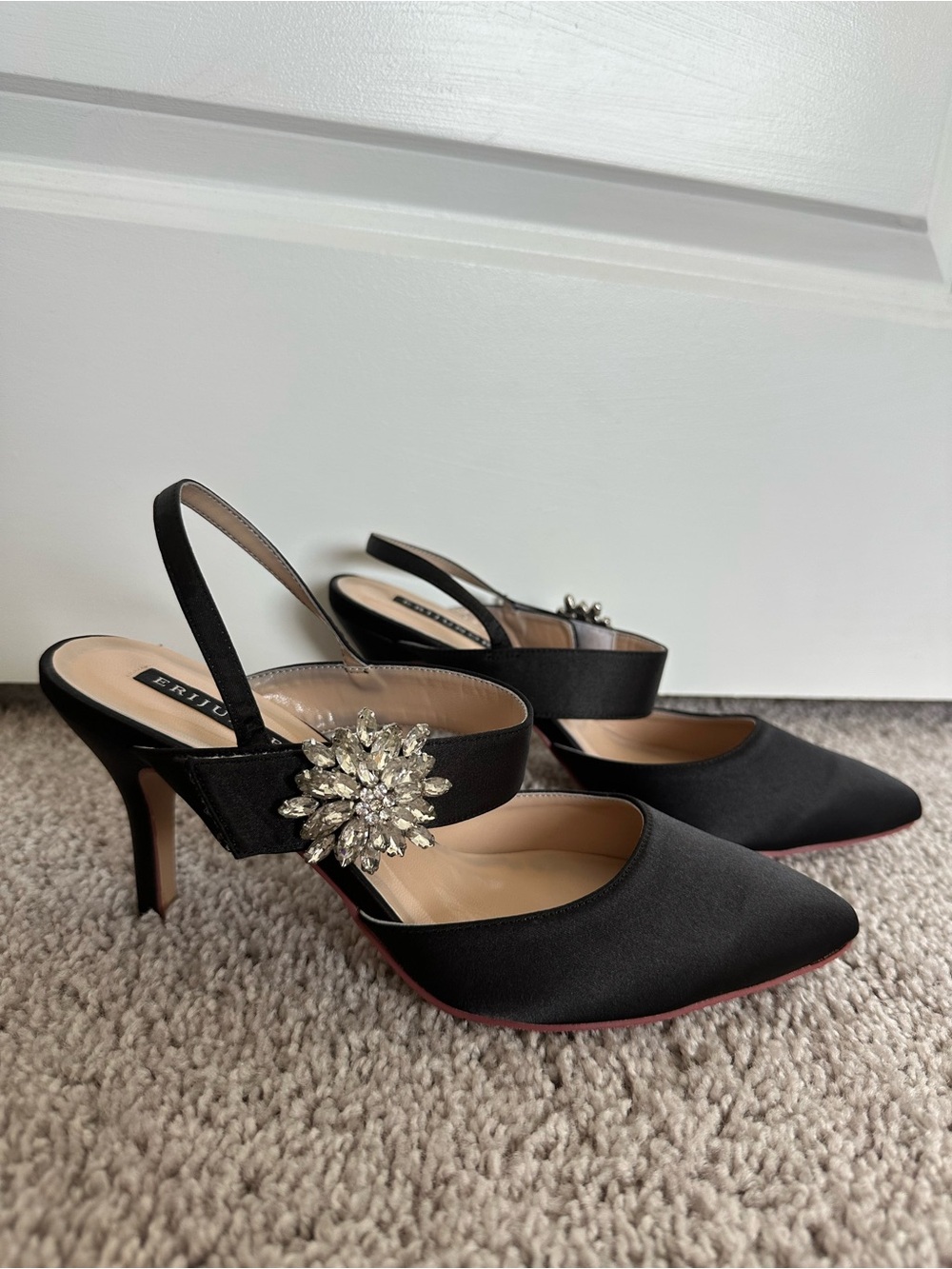 Black Satin Slingback Pumps with Crystal Brooch